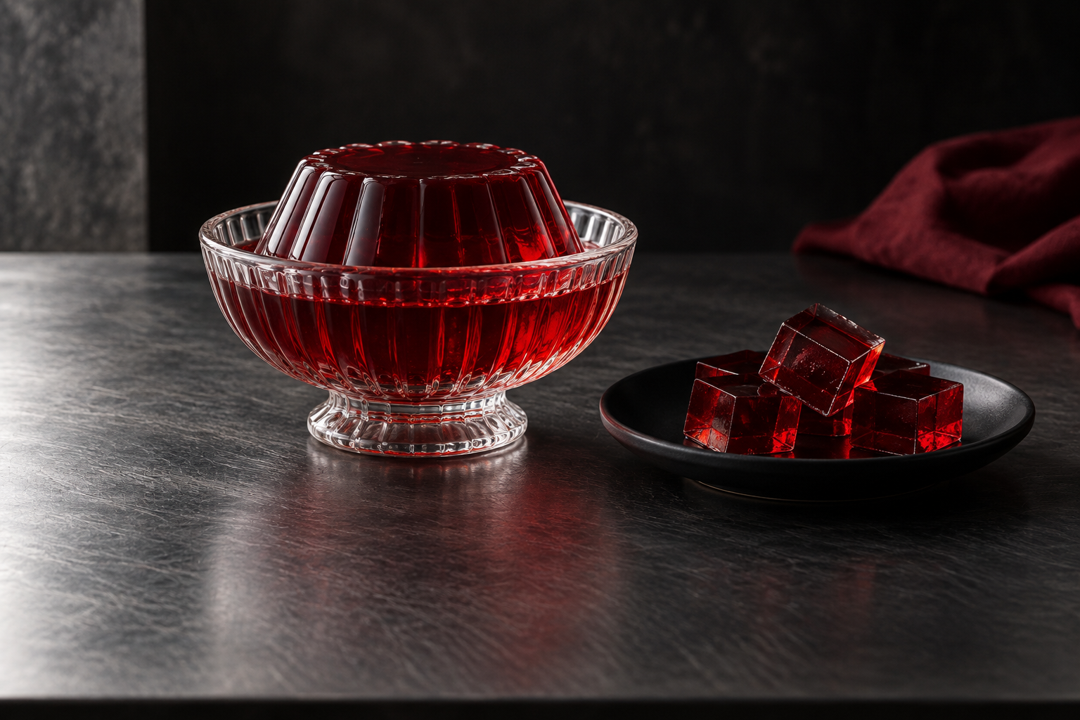 Illustrative red gelatin in a glass dessert dish